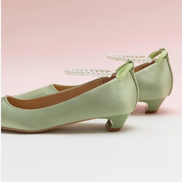 Green Satin Heels with Crystal Trim - Picture 2 of 4